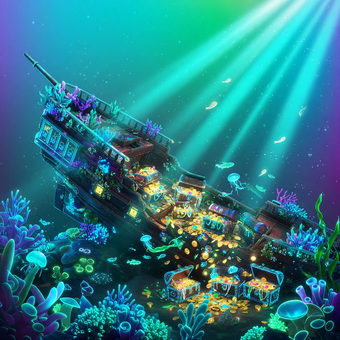 Abyssal Treasure Wreck slot game art, deep sea theme