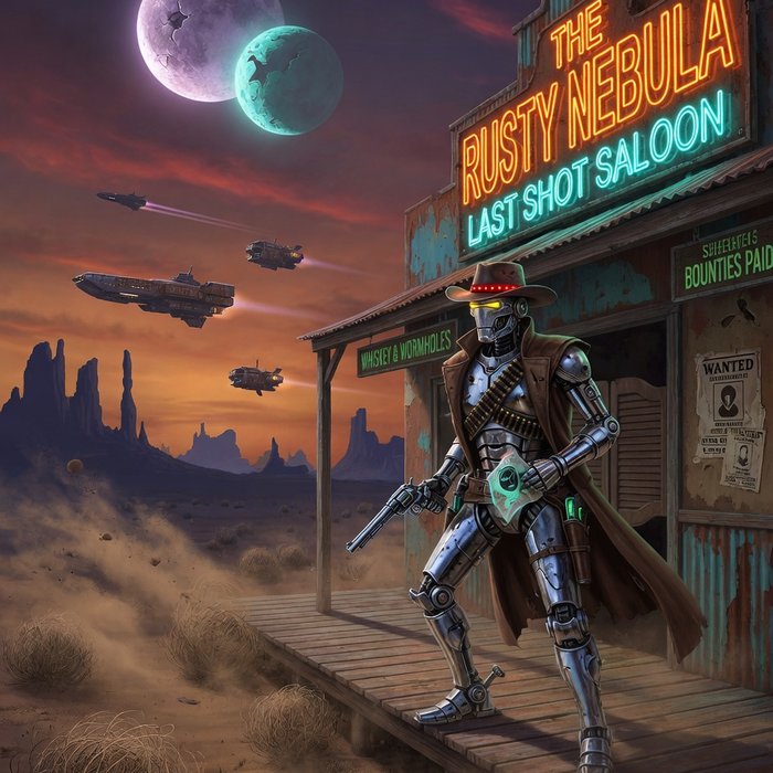 Rusty Nebula Bounty slot game art, sci-fi western theme