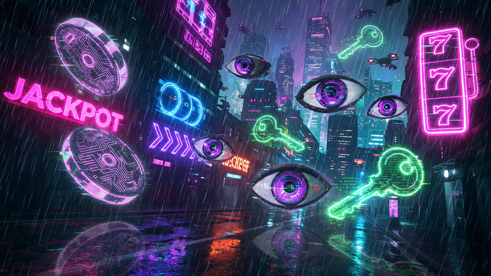 Vivid neon cyberpunk social casino scene with holographic slot symbols, neon signage and a glowing city skyline